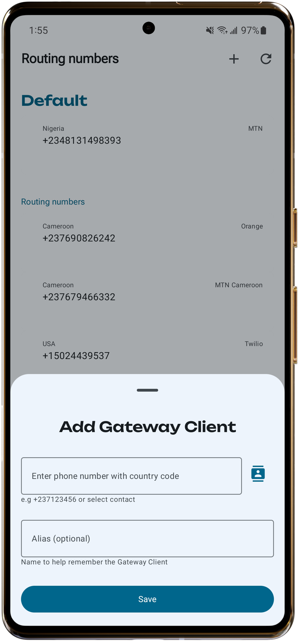 Add Routing Numbers screen