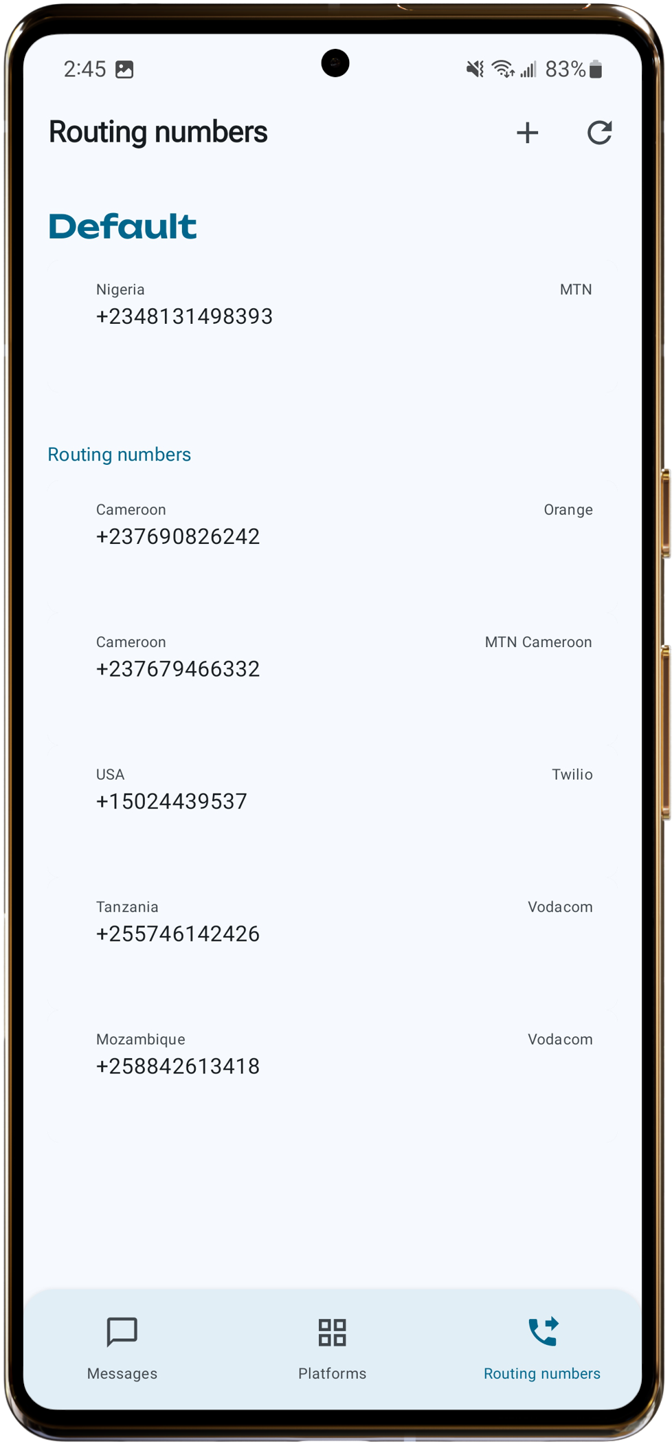 Routing Numbers screen